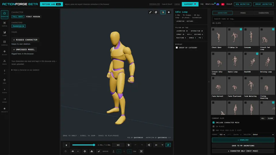 ActionForge: the mannequin in the viewport, with the animation library on the right