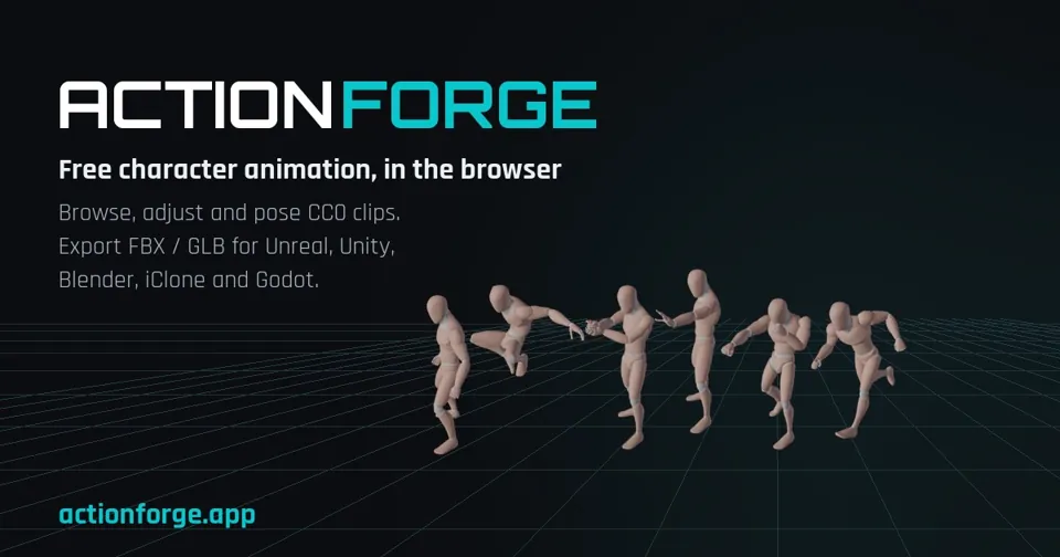 ActionForge banner: the wordmark and the mannequin in six clips