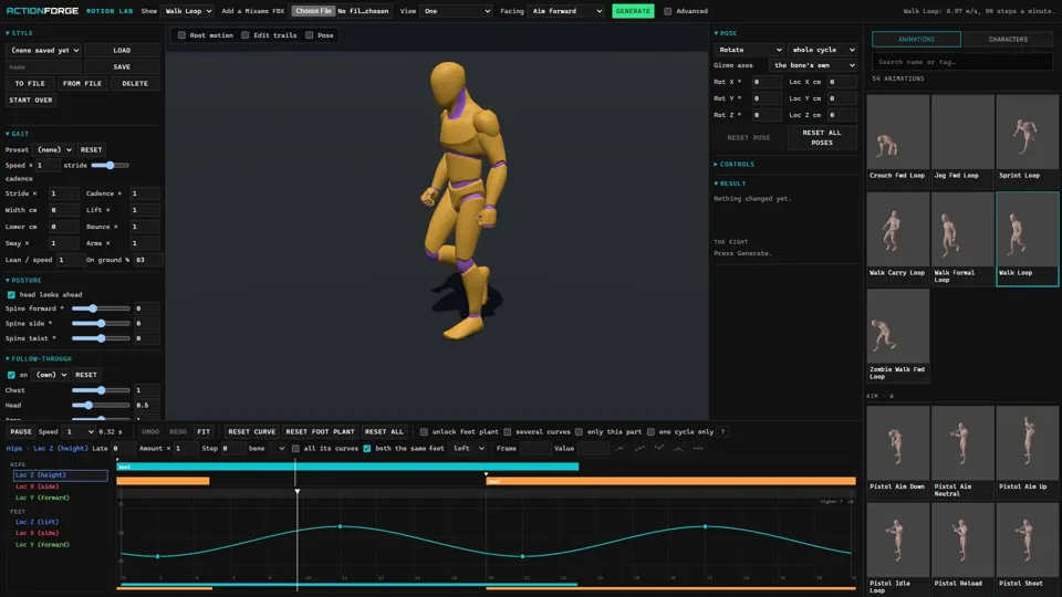 ActionForge Motion Lab: a walk cycle with its gait controls and curve editor