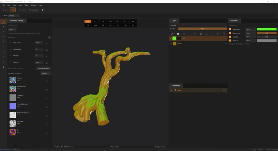 CG Painter: a painted tree trunk in the viewport with the layer stack