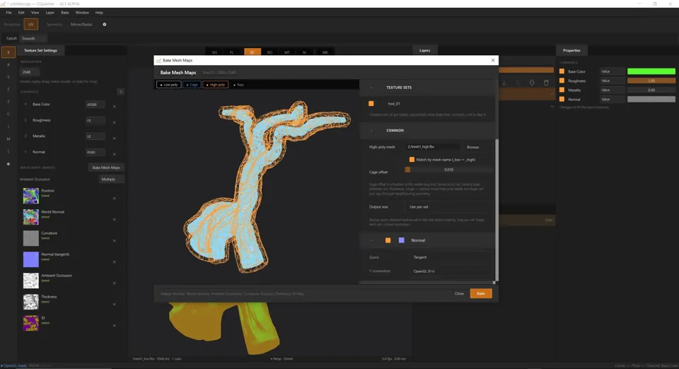 CG Painter: the Bake Mesh Maps dialog over a high-poly cage