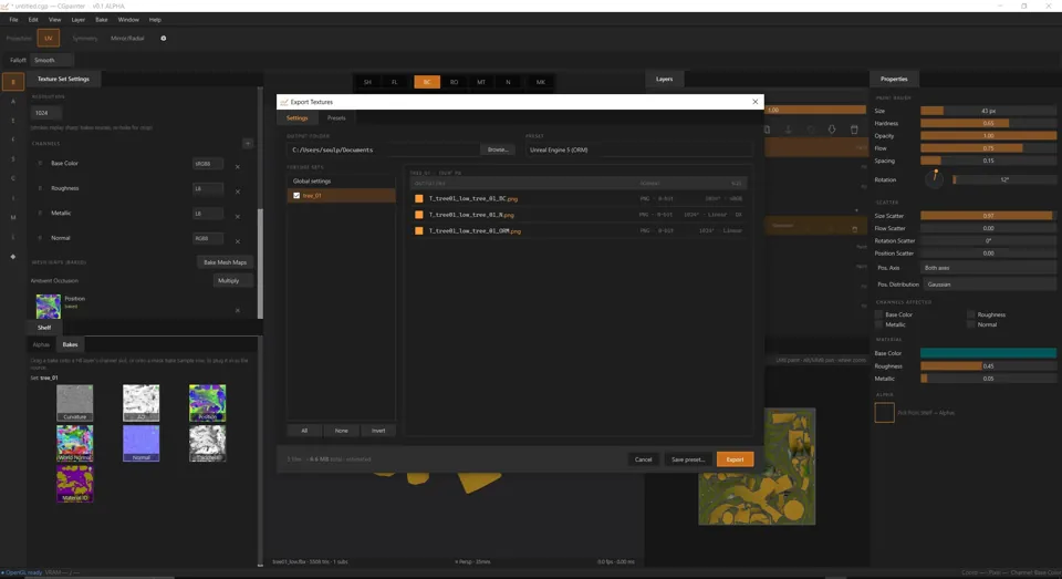 CG Painter: the Export Textures dialog with the Unreal Engine 5 preset