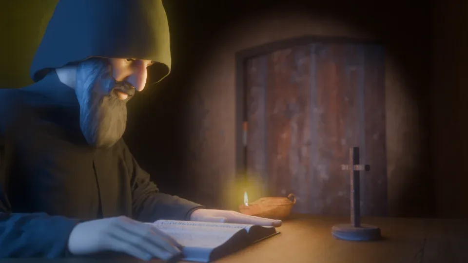 A monk reading by candlelight, a still from the film